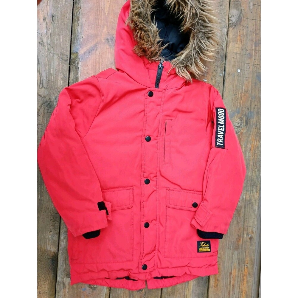Zara Kids Boys Girls Red Winter Coat Parka Fur Hood Sz 7 Jacket